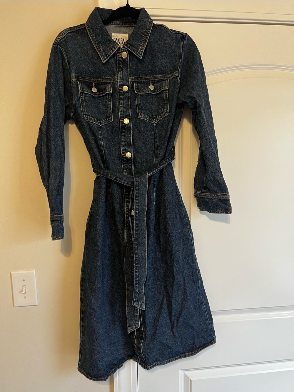 Zara Dark Blue Denim Shirt Dress with Waist Tie